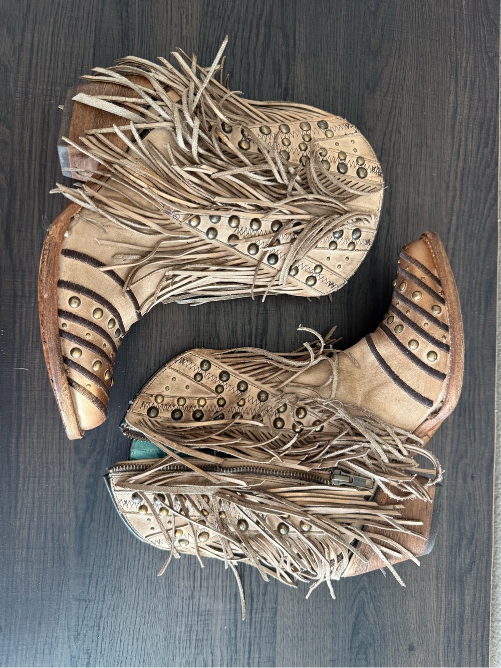 CORRAL Fringed Studded Ankle Booties in Tan